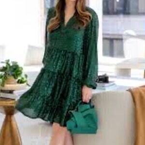 Sail to Sable Emerald Green Sequin sparkle V-Neck Tiered Mini Dress